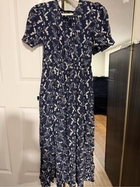 Navy Floral Maxi Dress with White Vine Motif